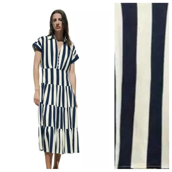 NWT. Zara Navy Blue/Cream Striped Linen Blend Midi Dress. Size L. - Picture 1 of 7